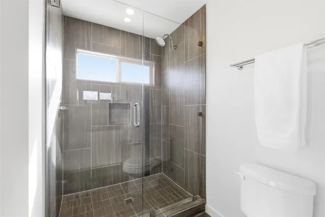 a bathroom with a shower and toilet