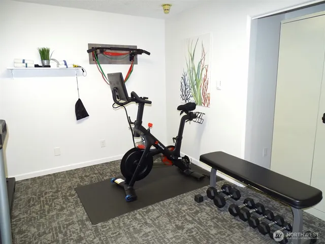 a room with gym equipment and windows
