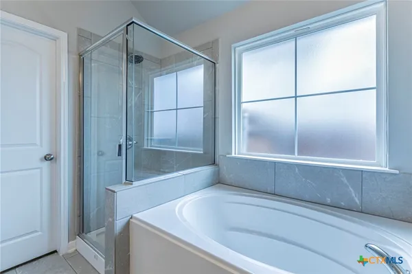 a bathroom with a bathtub and a shower