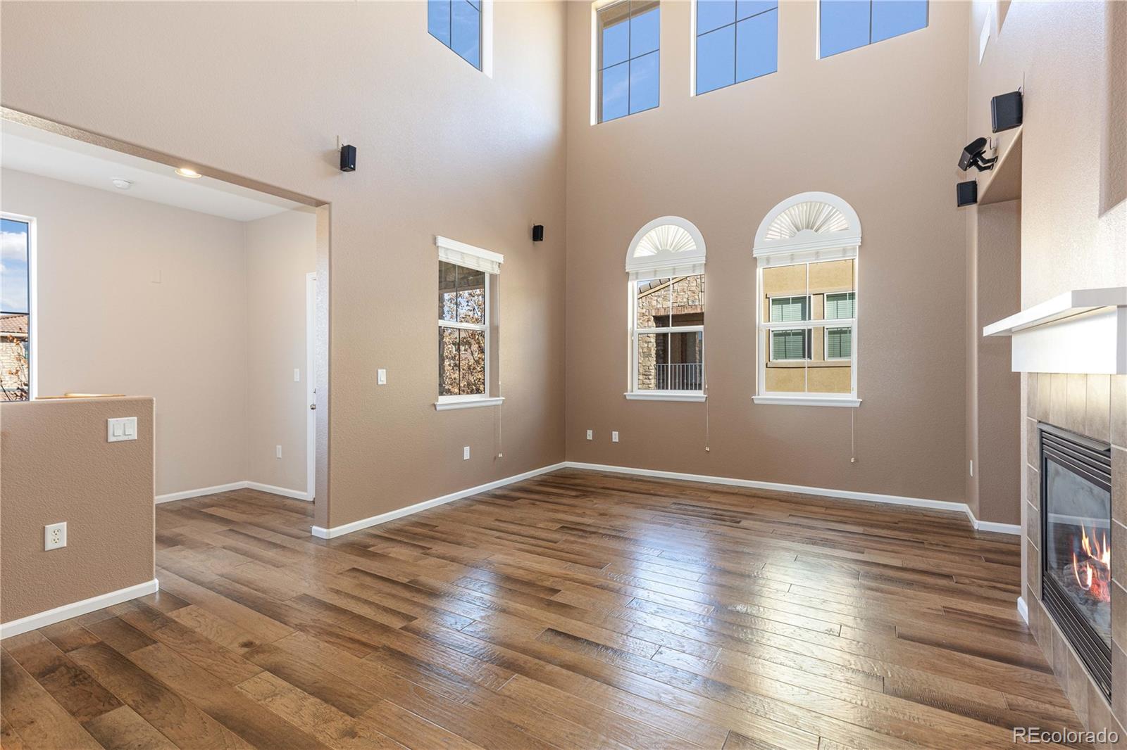 3301 Cascina Circle, Unit C Highlands Ranch, CO 80126 - Photo 8 of 40 an empty room with windows fireplace and wooden floor