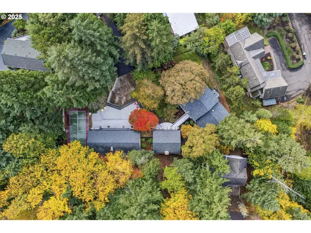 an aerial view of a house with a garden and swimming pool