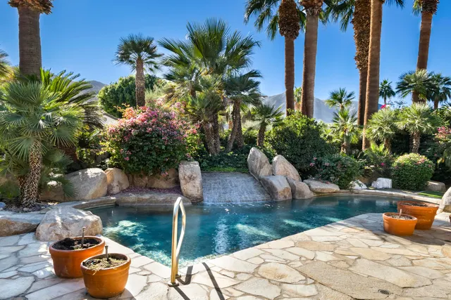a view of a backyard with potted plants and water fountain