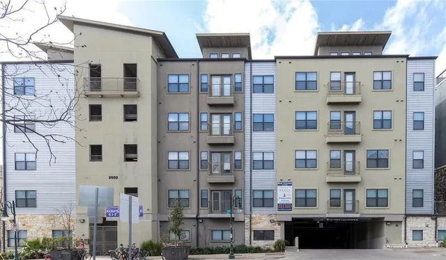 a front view of a multi story building