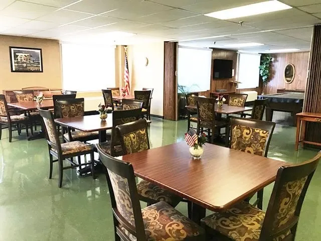 a view of a dining room with furniture