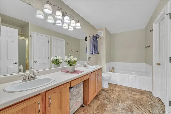a bathroom with a tub double sink and mirror