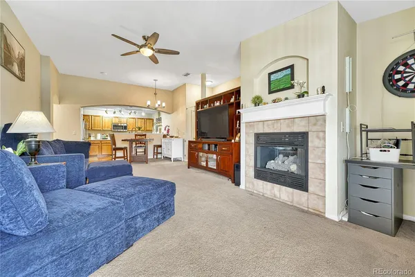 a living room with furniture and a fireplace