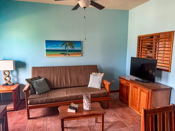a living room with furniture a flat screen tv and a window