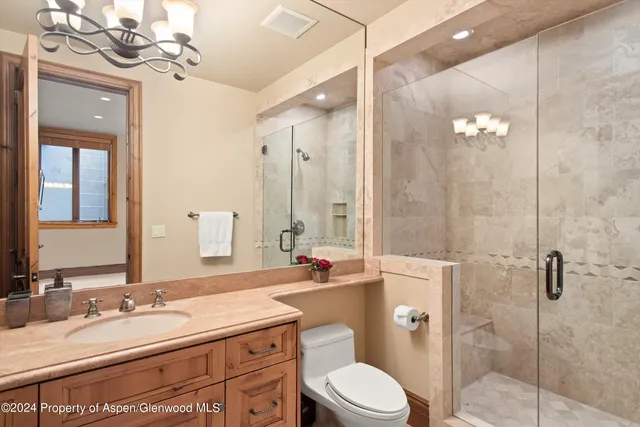 a bathroom with a granite countertop sink a toilet and shower