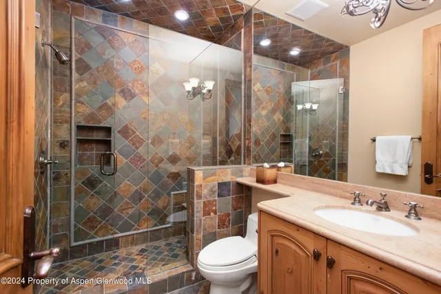 a bathroom with a sink a toilet and shower