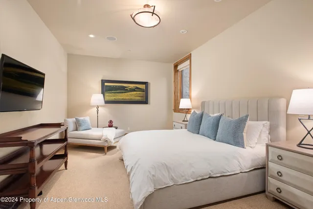 a bedroom with bed tv and window