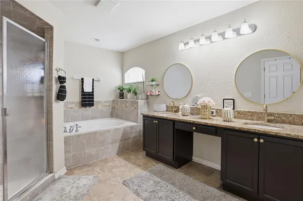 a bathroom with a tub double vanity sink and a mirror