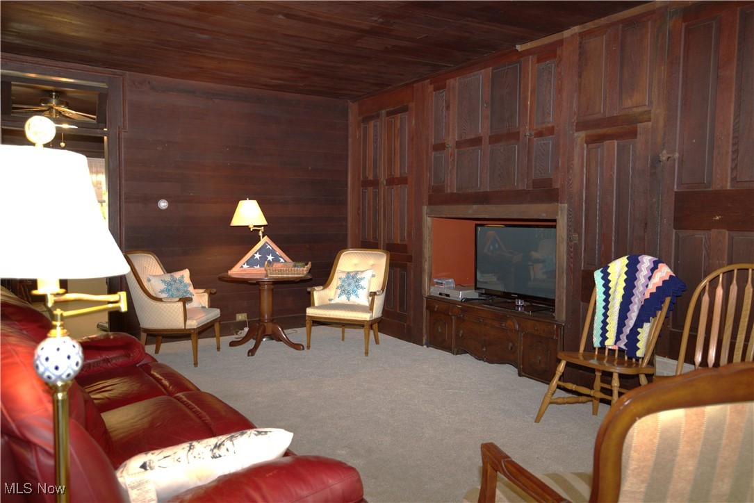 22760 Roy Croy Road Senecaville, OH 43780 - Photo 22 of 46 Living room with wood ceiling, wood walls, and carpet flooring