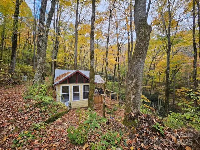 a view of a wooden house with a yard and large trees