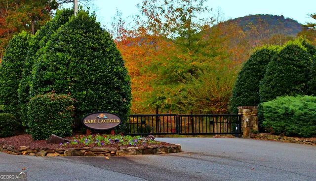 an aerial view of a house with a garden and mountain view in back