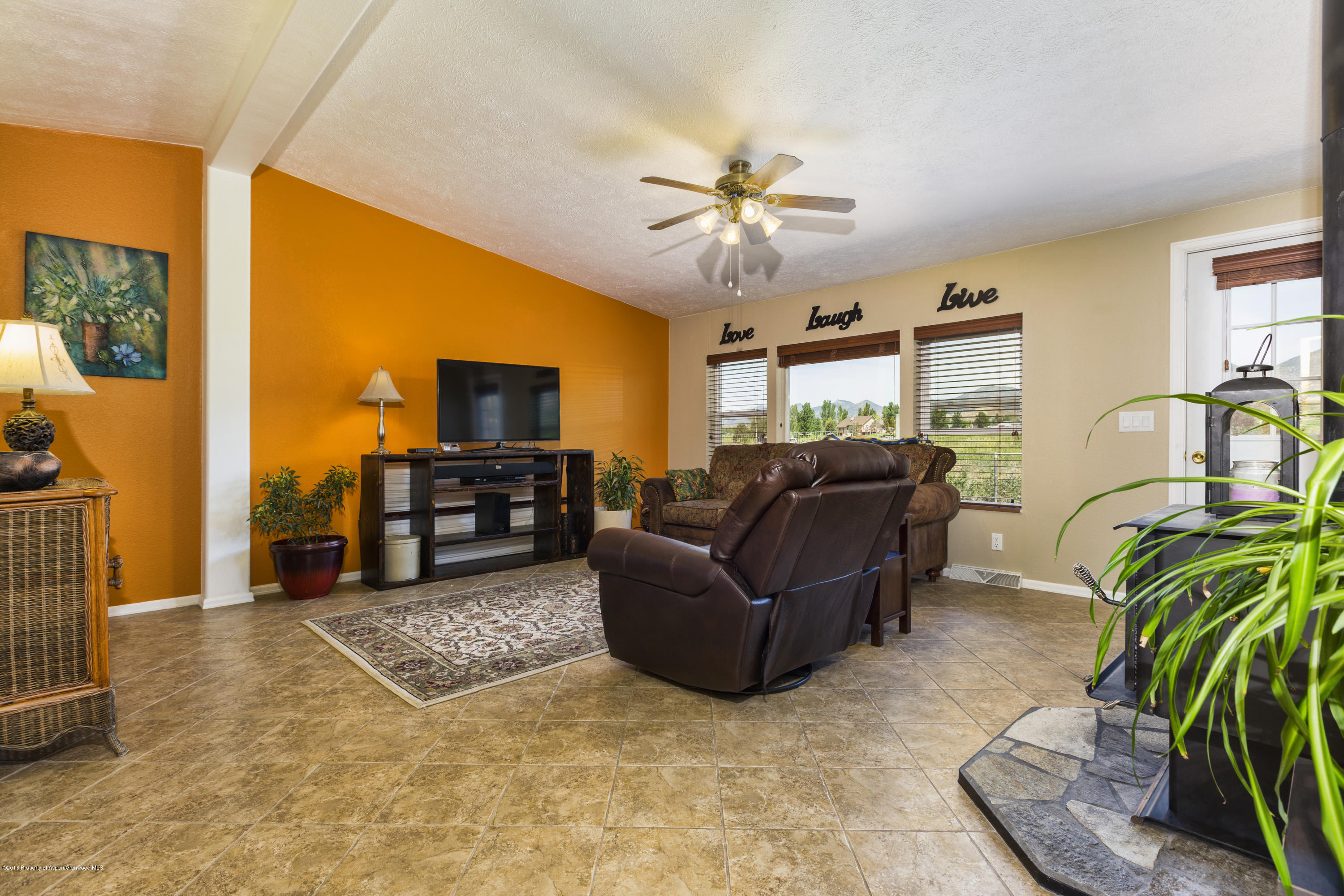 630 Lariat Road Silt, CO 81652 - Photo 12 of 21 a living room with furniture a ceiling fan a flat screen tv and a fireplace