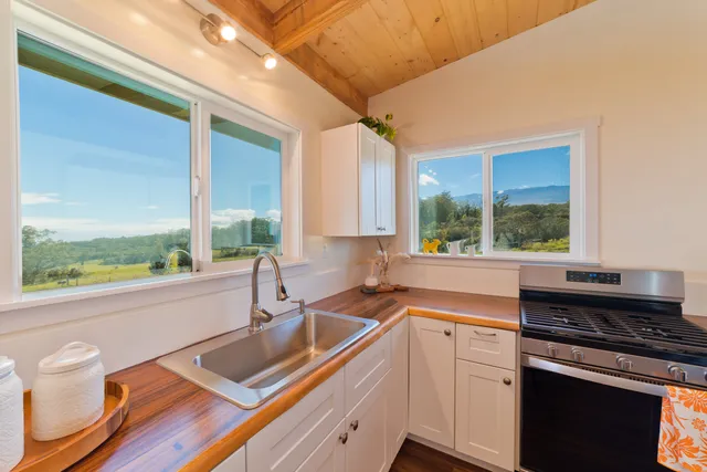 a kitchen that has a sink a stove and a wooden floor