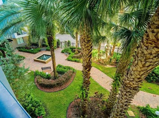 a view of a backyard with plants and a patio
