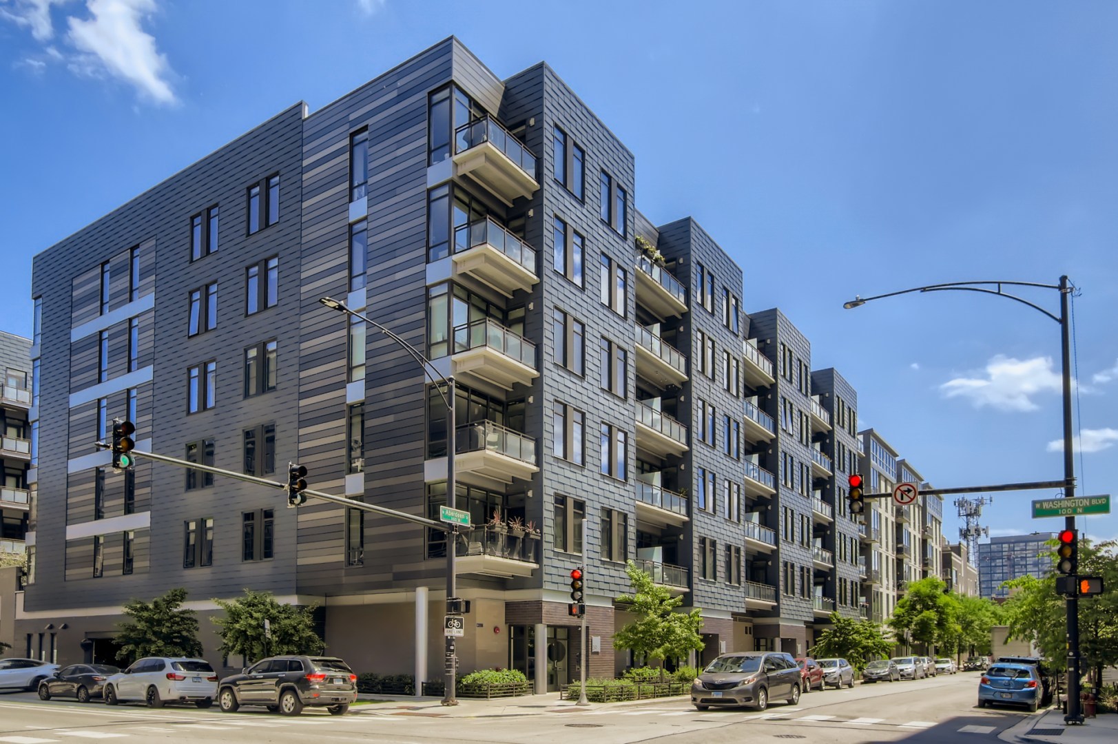 a view of a building and a street