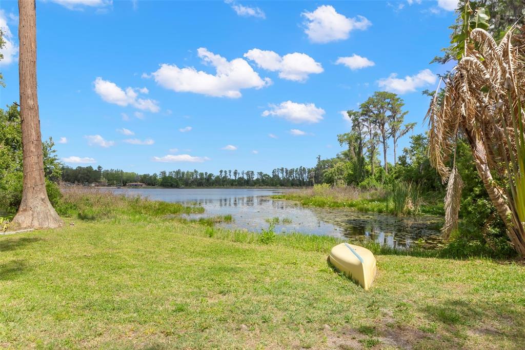 a view of a lake from a yard