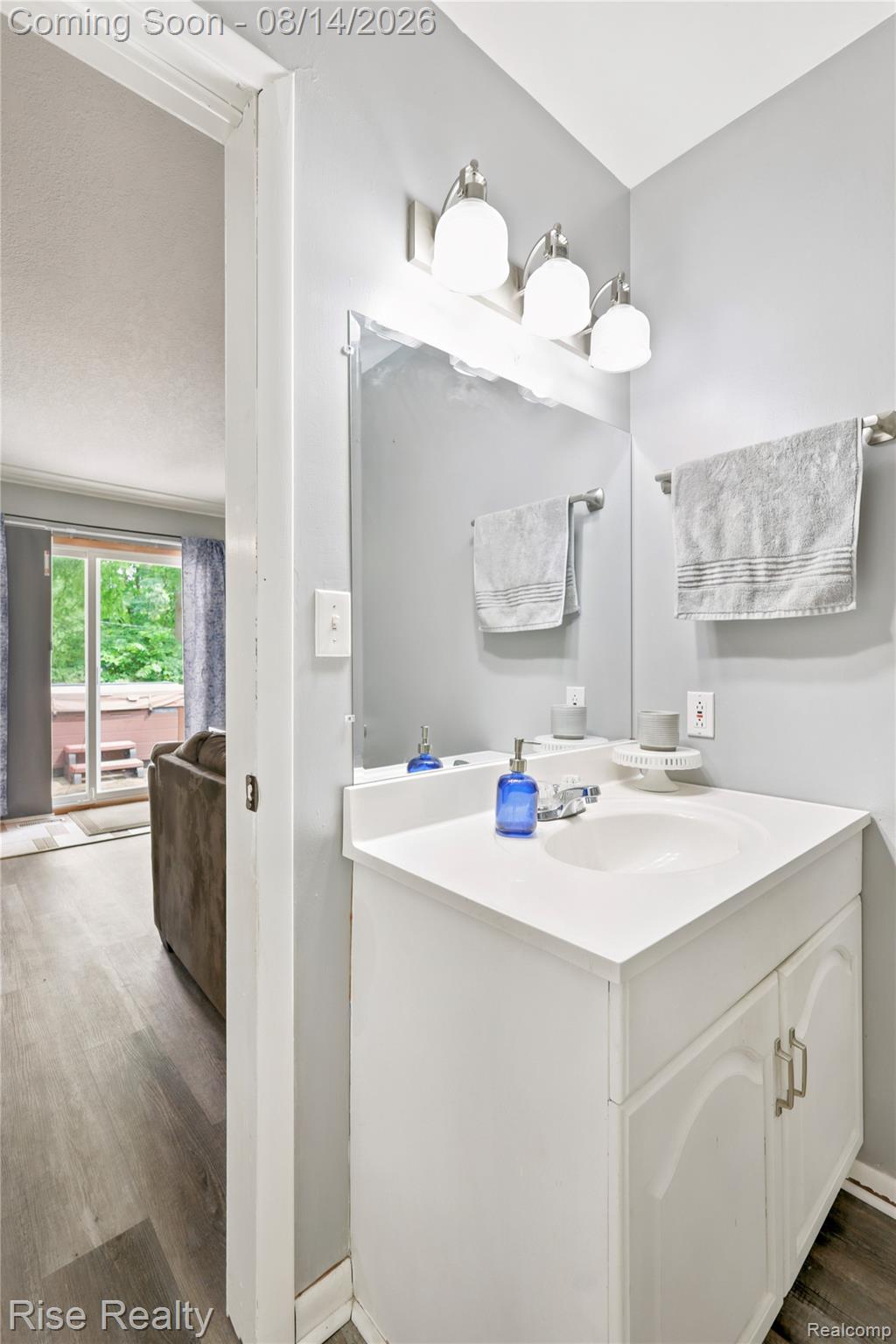 10215 West Frances Road Flushing, MI 48433 - Photo 13 of 31 Vanity with an integrated sink, white cabinetry, a large wall mirror, and an overhead three-bulb light fixture