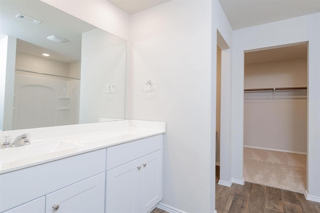 6009 Ronee Leah Drive Austin, TX 78724 - Photo 10 of 16 A well-appointed bathroom vanity with a full-width mirror and nearby closet access.