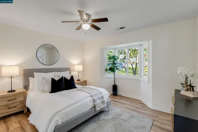 a bed room with furniture and a potted plant