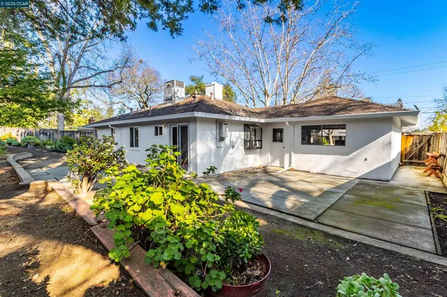 a view of a white house with a large tree