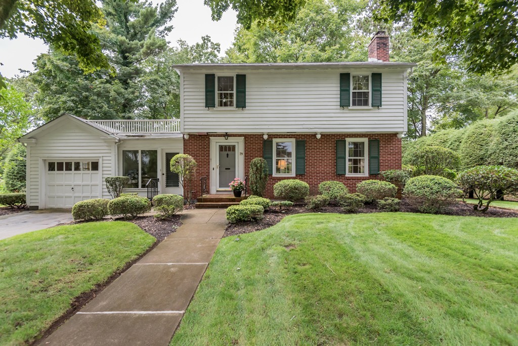a front view of a house with a yard and trees