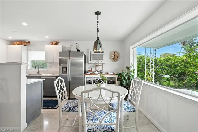 a view of a dining room with furniture window and outside view