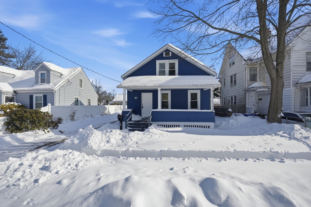 a front view of a house with a yard covered in snow