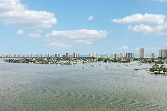 a view of a lake with a large bridge