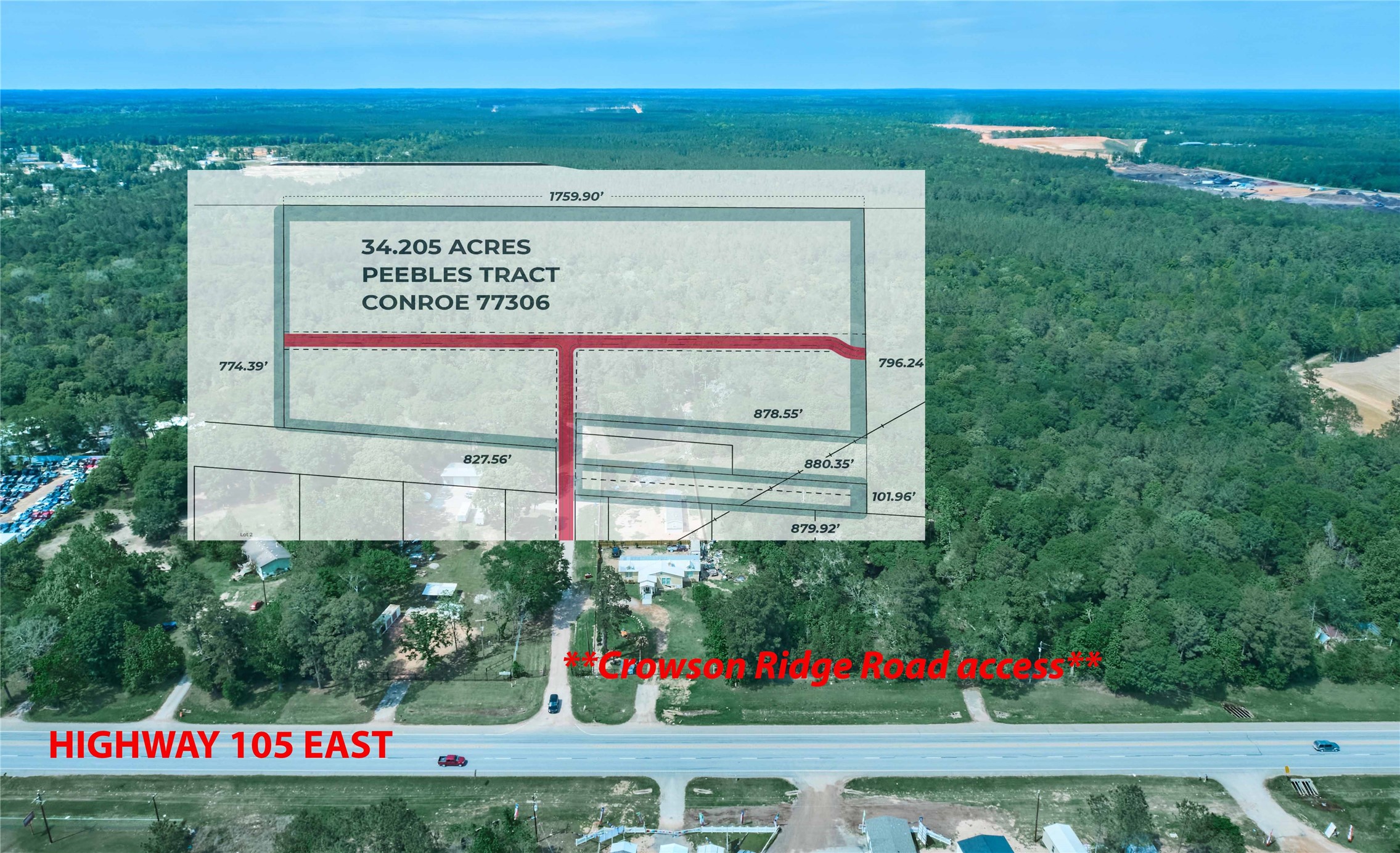 Ready for your Commercial, Industrial or Residential Community Development in fast-growing Montgomery County, Texas.  77306 zip code.  Survey Dimensions overlaid aerial photo for illustration purposes only.