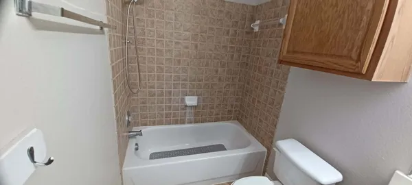 a bathroom with a toilet and bathtub
