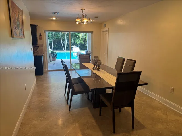 a view of a dining room with furniture window and outside view