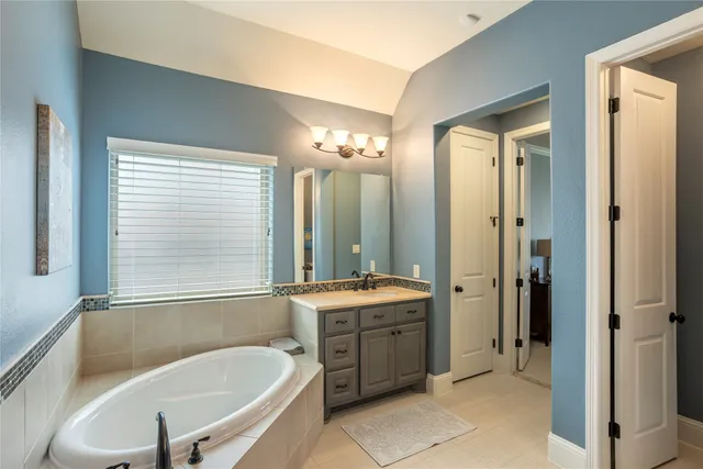 a bathroom with a tub a sink a mirror and a shower