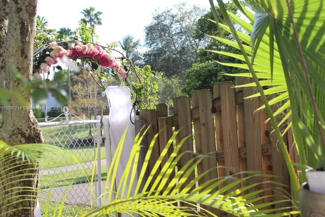 a view of a fountain in the backyard