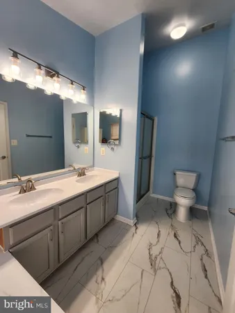 a bathroom with a double vanity sink toilet and mirror