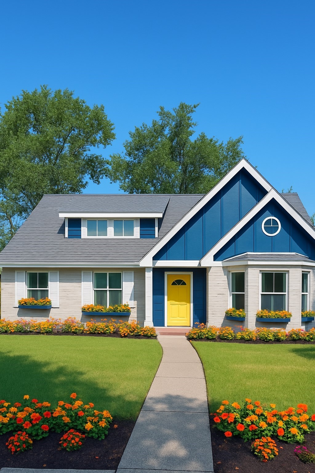 a front view of a house with a garden