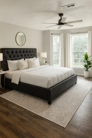 a bedroom with a large bed and a large window