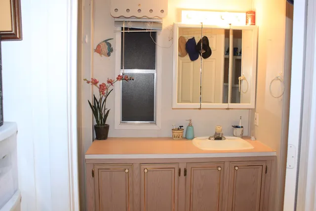 a bathroom with a sink and mirror