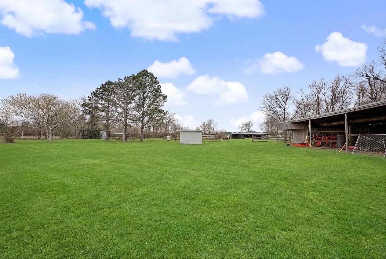 14077 Hamshire Road Hamshire, TX 77622 - Photo 33 of 39 Spacious open field with lush green grass, bordered by trees leading to horse stables, riding arenas, and hay pastures. Stable has 10 stalls with extra large birthing stable.