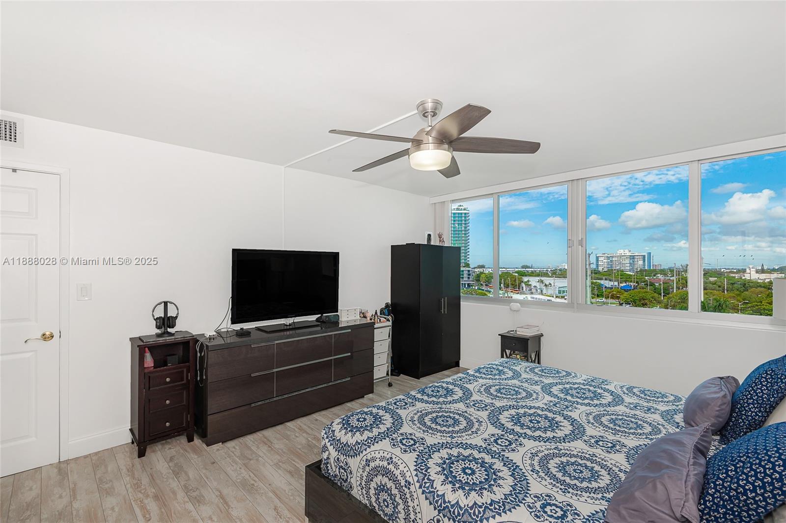 7135 Collins Avenue, Unit 625 Miami Beach, FL 33141 - Photo 19 of 33 a bedroom with a bed and a flat screen tv