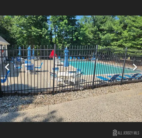 a view of a yard with plants and a fountain