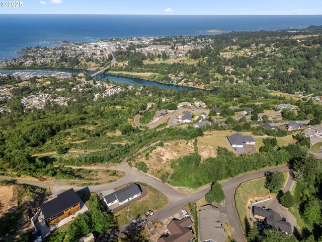 an aerial view of residential houses with outdoor space and trees