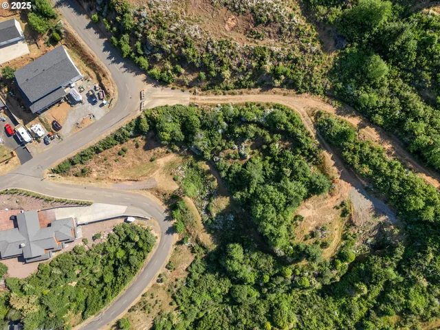 an aerial view of a house with a yard and mountain view in back