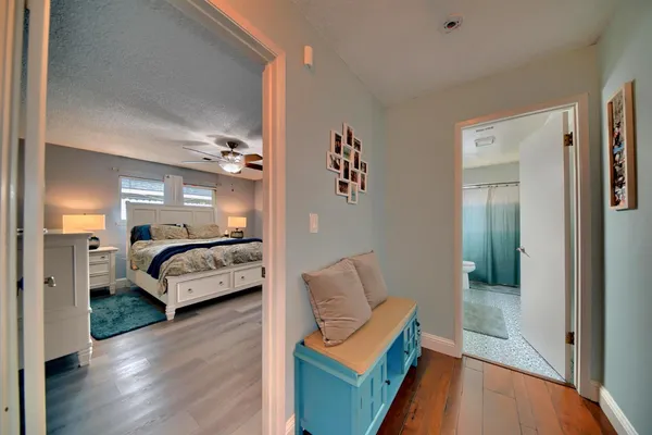 an aerial view of a house with a garden