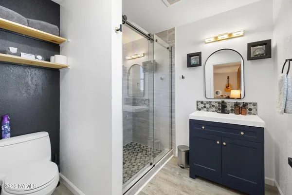 a bathroom with a toilet a sink a mirror a vanity and shower