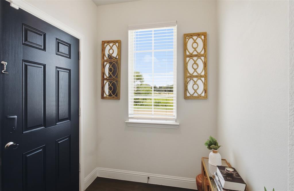 7416 Sequoia Rdg Road Little Elm, TX 76227 - Photo 5 of 37 Entryway featuring a paneled door, a window with blinds, and dark wood-finish flooring