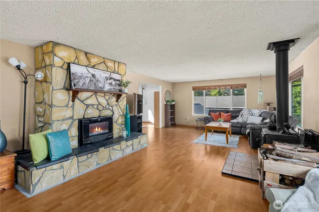 a living room with furniture a fireplace and a floor to ceiling window