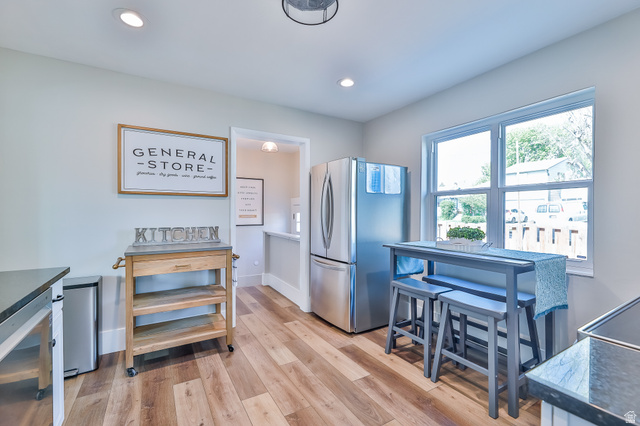 59 East 8680th Street South Sandy, UT 84070 - Photo 6 of 33 Kitchen area featuring wood-finish flooring, recessed lighting, and a stainless steel refrigerator